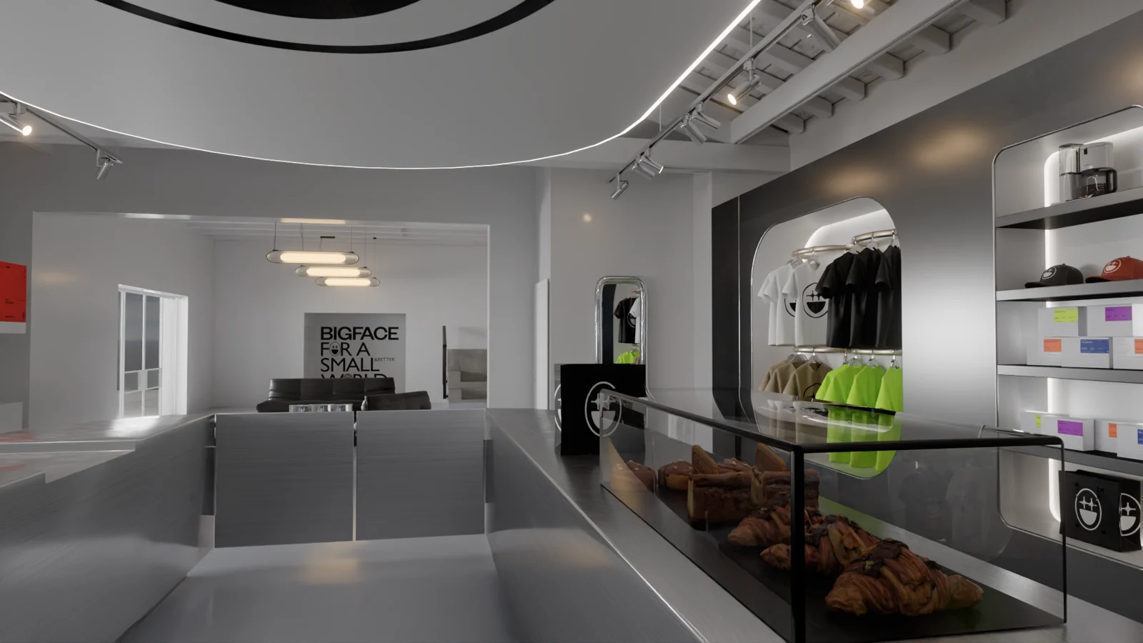 Inside the BIGFACE shop, the counter and pastry case