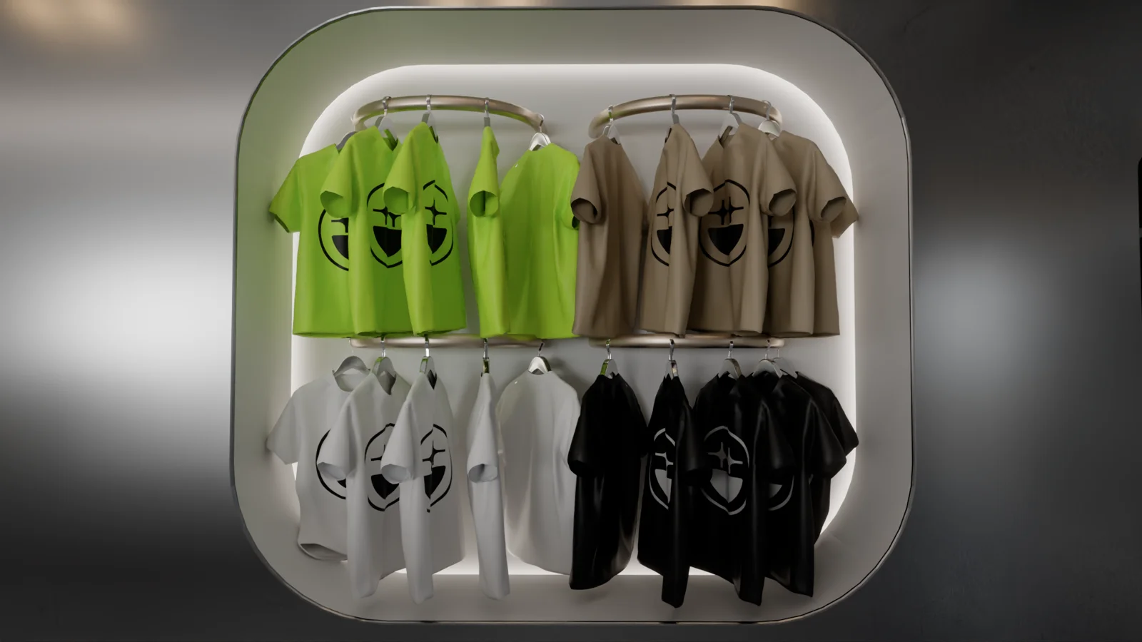 The BIGFACE merch wall, core tees in volt, khaki, white and black